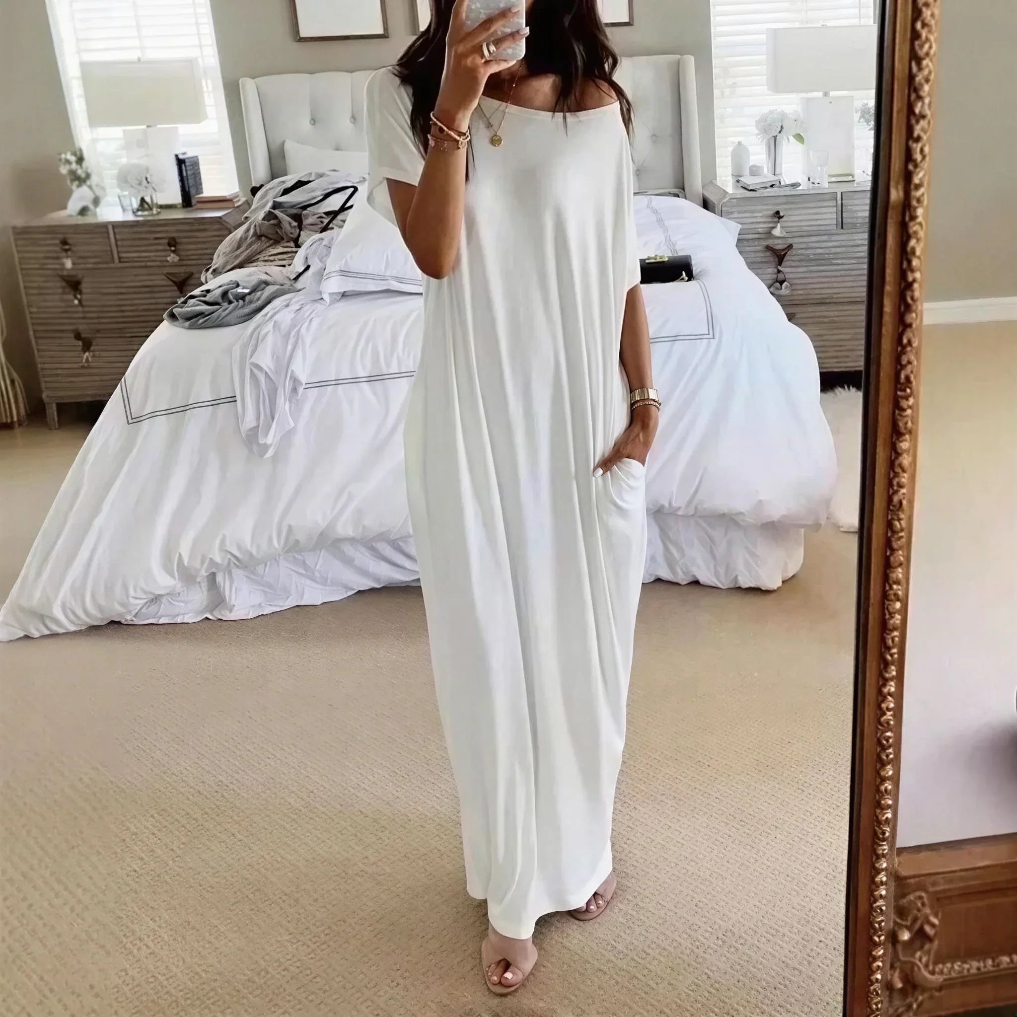Daphne™ Maxi Dress with Wide Neckline and Side Pockets