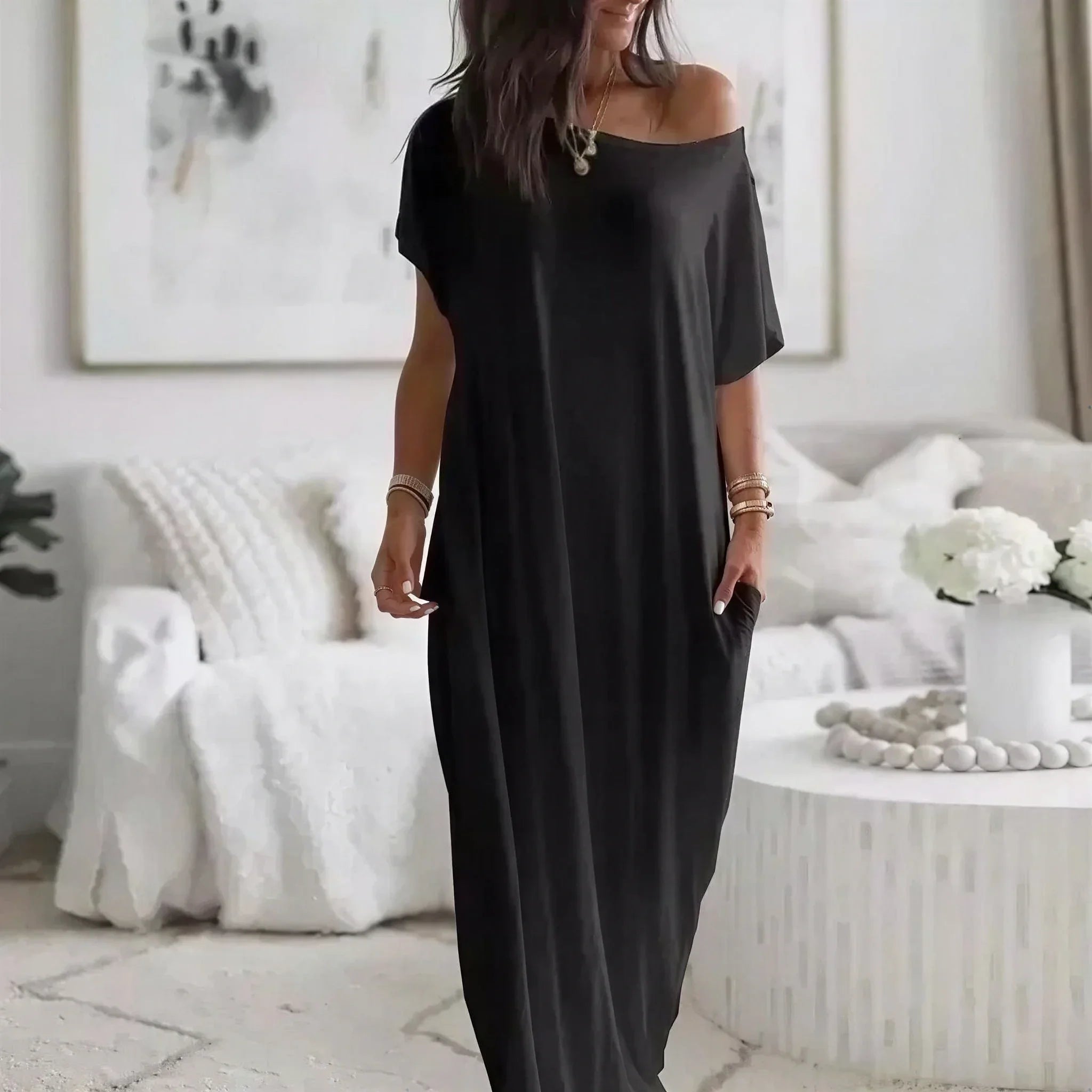 Daphne™ Maxi Dress with Wide Neckline and Side Pockets