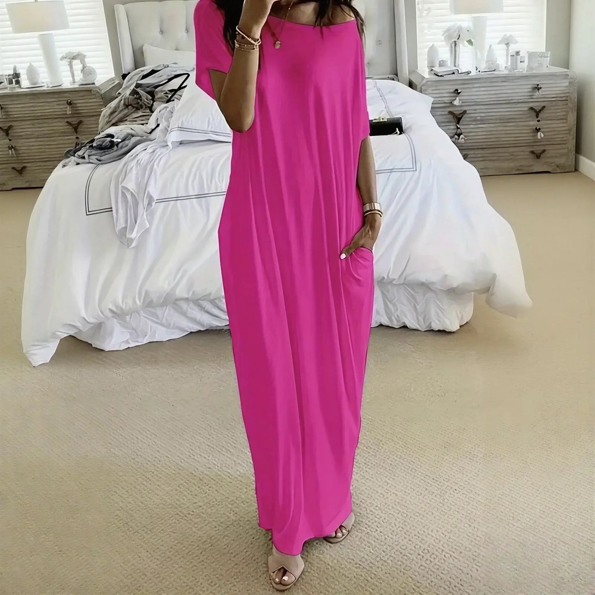Daphne™ Maxi Dress with Wide Neckline and Side Pockets