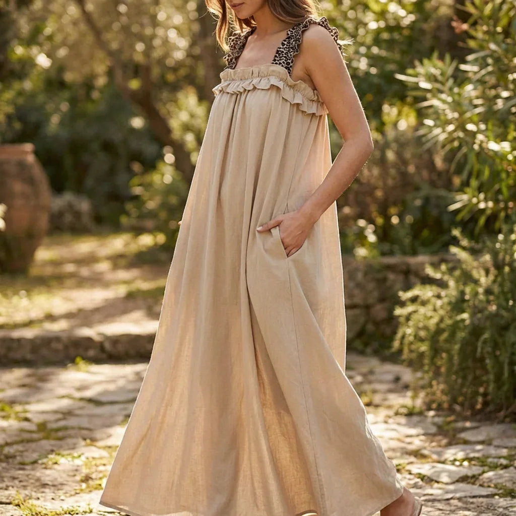 Naples™ Maxi Dress in Lightweight Viscose with Leopard-Print Straps and a Relaxed Fit