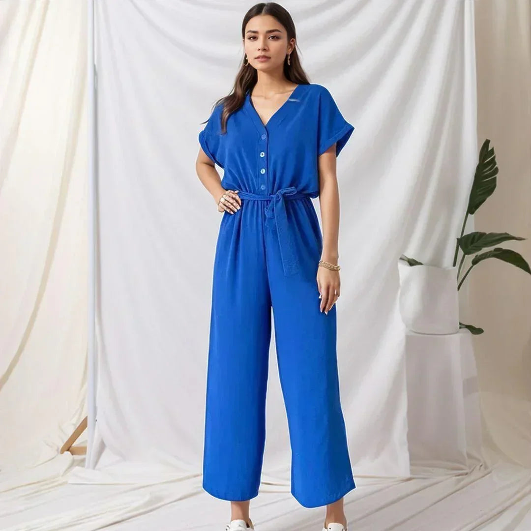 Evelyne™ Jumpsuit in Soft Fabric with Buttons and Tie Waist
