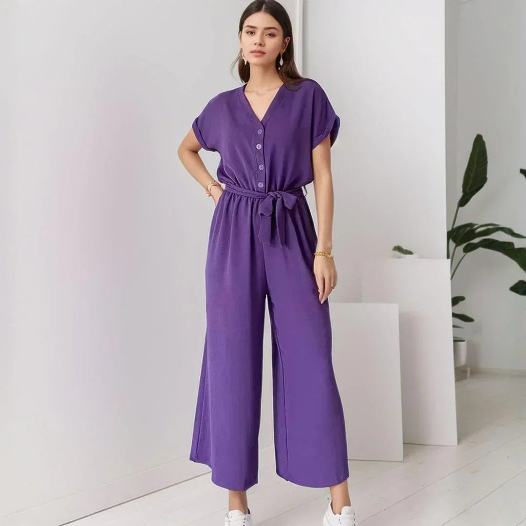 Evelyne™ Jumpsuit in Soft Fabric with Buttons and Tie Waist