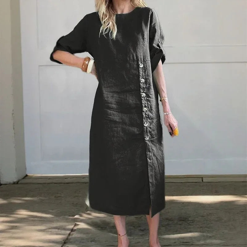 Adelie™ Cotton Linen Dress with Side Buttons and Sophisticated Slit / Movement and Elegance in the Right Measure!