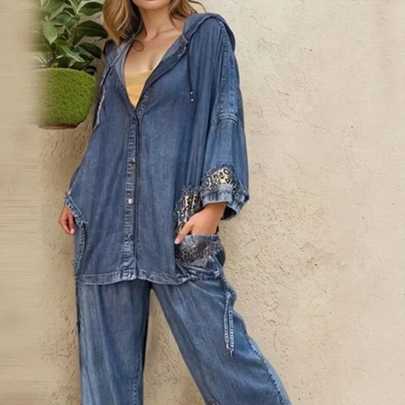 Leona Grace™ Set in Washed Denim with Leopard Print / A Wild, Sophisticated, and Unusual Look!