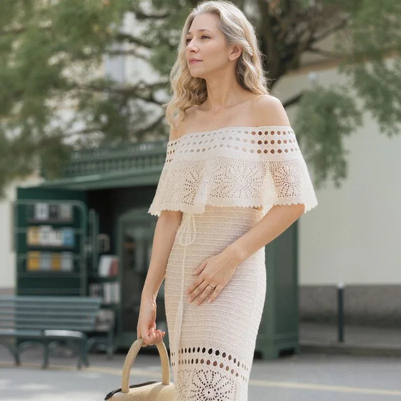 Santorini™ Set in Handcrafted Crochet with Off-the-Shoulder Top / A Touch of Mediterranean Romance with Luxurious Finishing