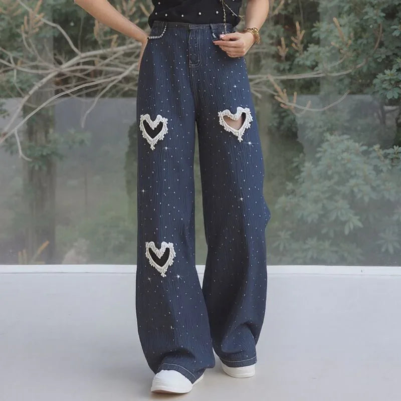 Lovely™ Women's Jeans with Embroidered Hearts and Pearl Cutouts / The Most Wanted Jeans of the Season!