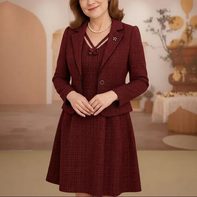 Victoire™ Set with Structured Blazer & Dress with Ornamental Neckline / Presence, Style & Timeless Sophistication!
