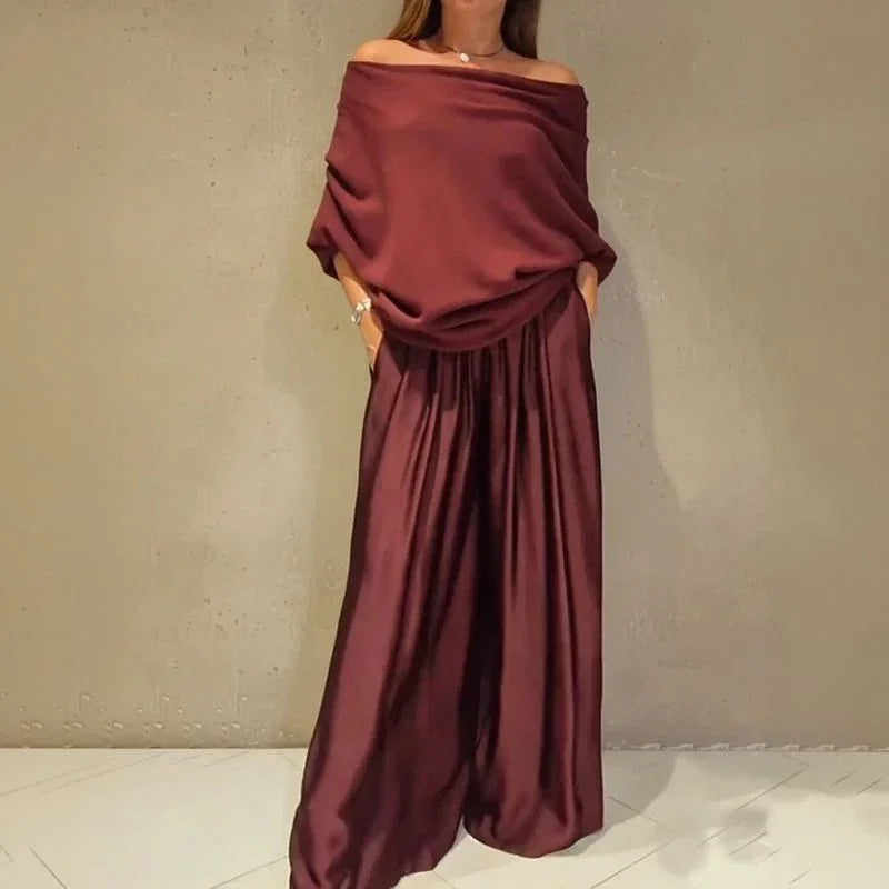 Nysa™ Set with Satin Pants and Premium Knit Blouse Cozy / Comfortable Elegance with Discreet Luxury!