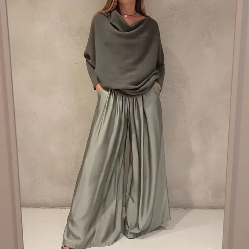 Nysa™ Set with Satin Pants and Premium Knit Blouse Cozy / Comfortable Elegance with Discreet Luxury!