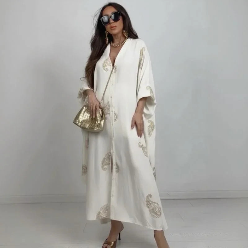 Zahara™ Dress in Flowing Viscose with Gold Embellishments / Sculptural Sophistication for Women with a Striking Presence!