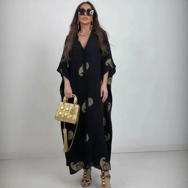Zahara™ Dress in Flowing Viscose with Gold Embellishments / Sculptural Sophistication for Women with a Striking Presence!