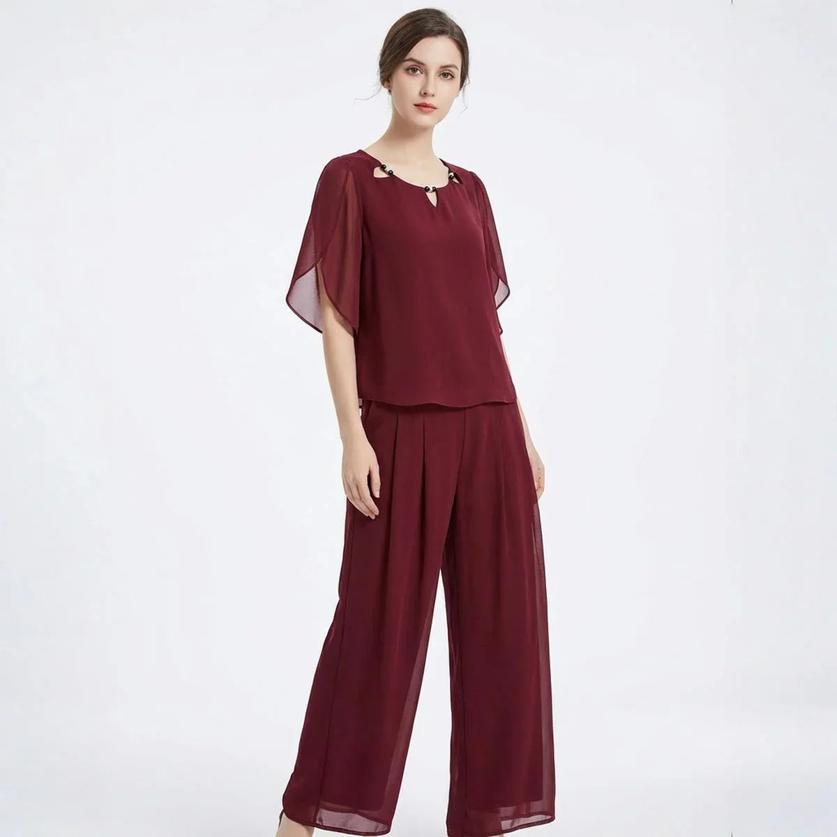 Elara™ Poplin Set with Refined Neckline Blouse and Elegant Long Pants