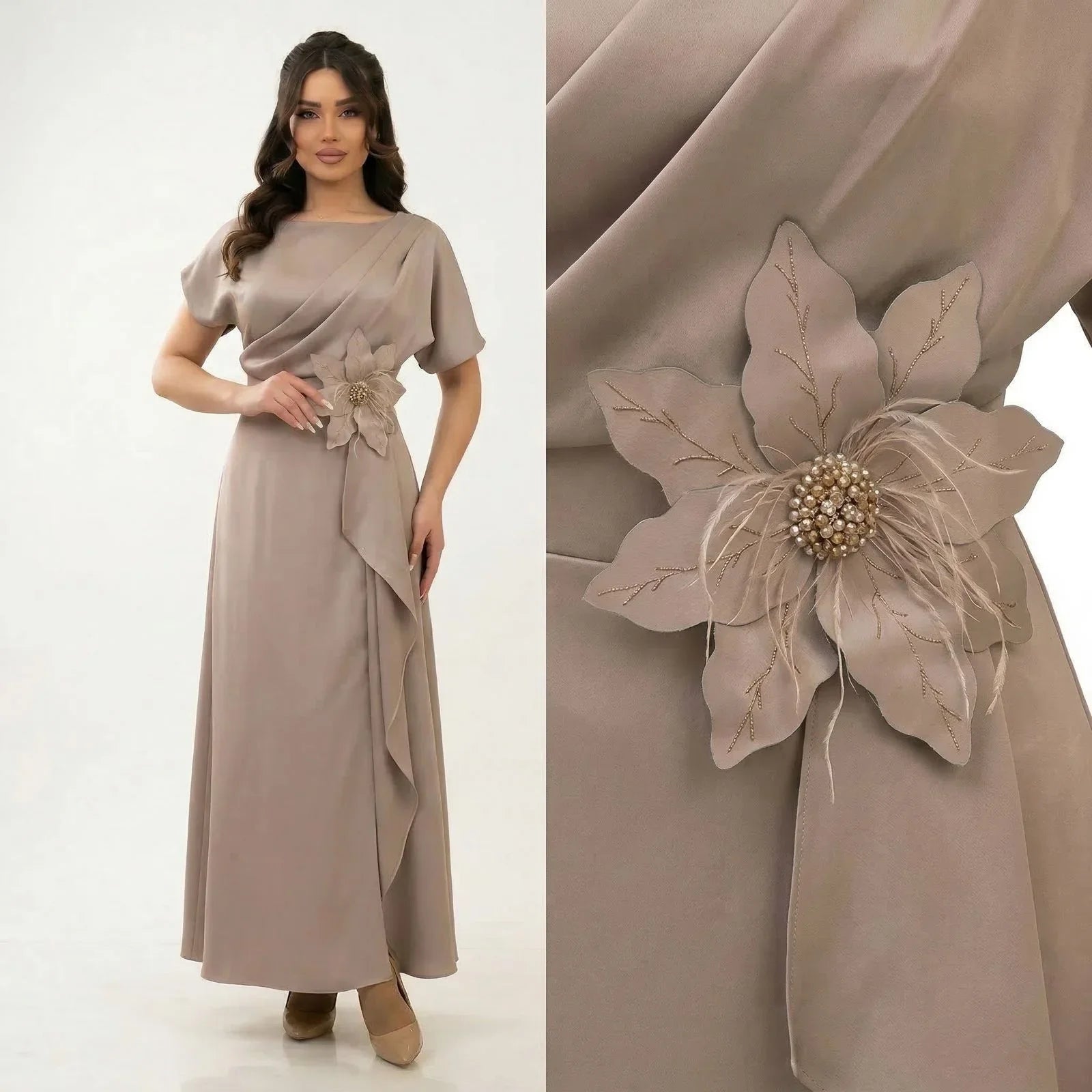 Seraphine™ Kleid aus Edlem Satin mit Skulpturaler Blumenapplikation an der Taille