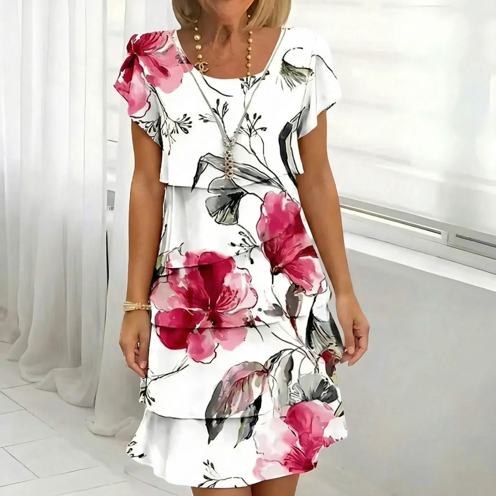 Cremona™ Floral Dress with a Layered Design and Slightly Puffed Sleeves