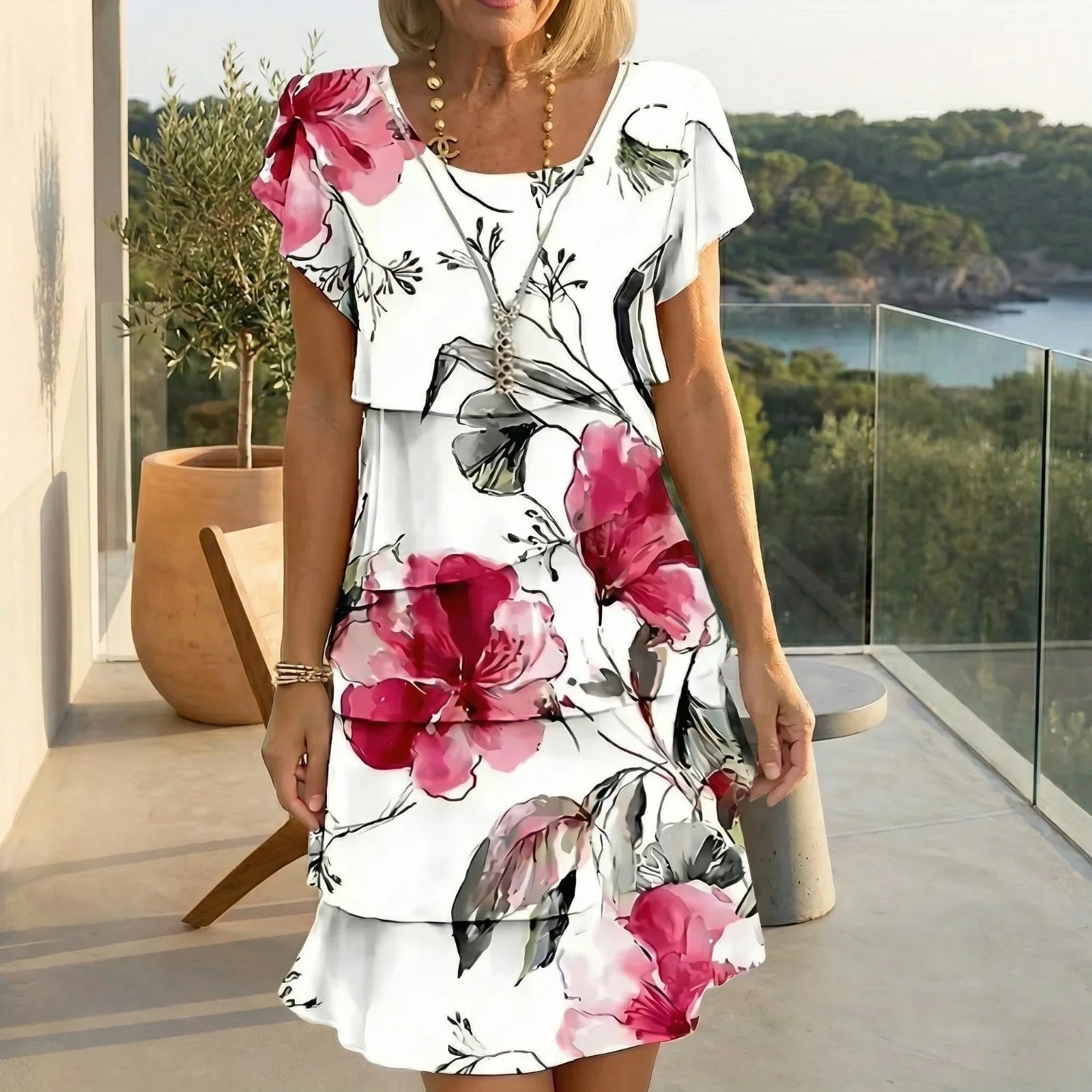 Cremona™ Floral Dress with a Layered Design and Slightly Puffed Sleeves