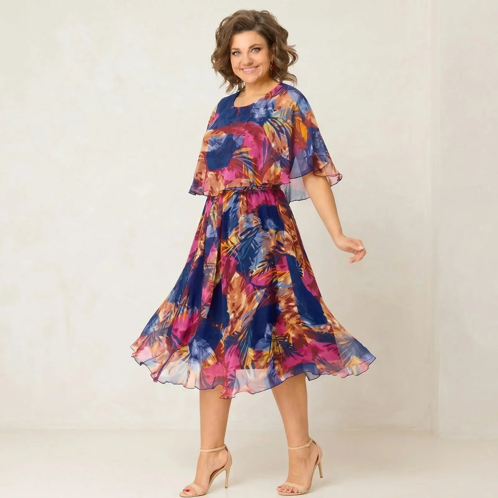 Garden Glow™ Printed Midi Dress with Overlay
