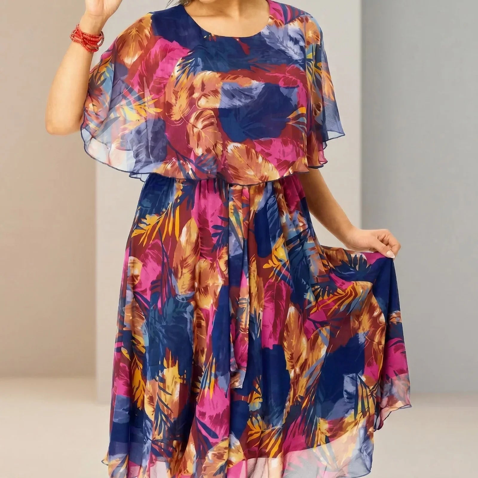 Garden Glow™ Printed Midi Dress with Overlay