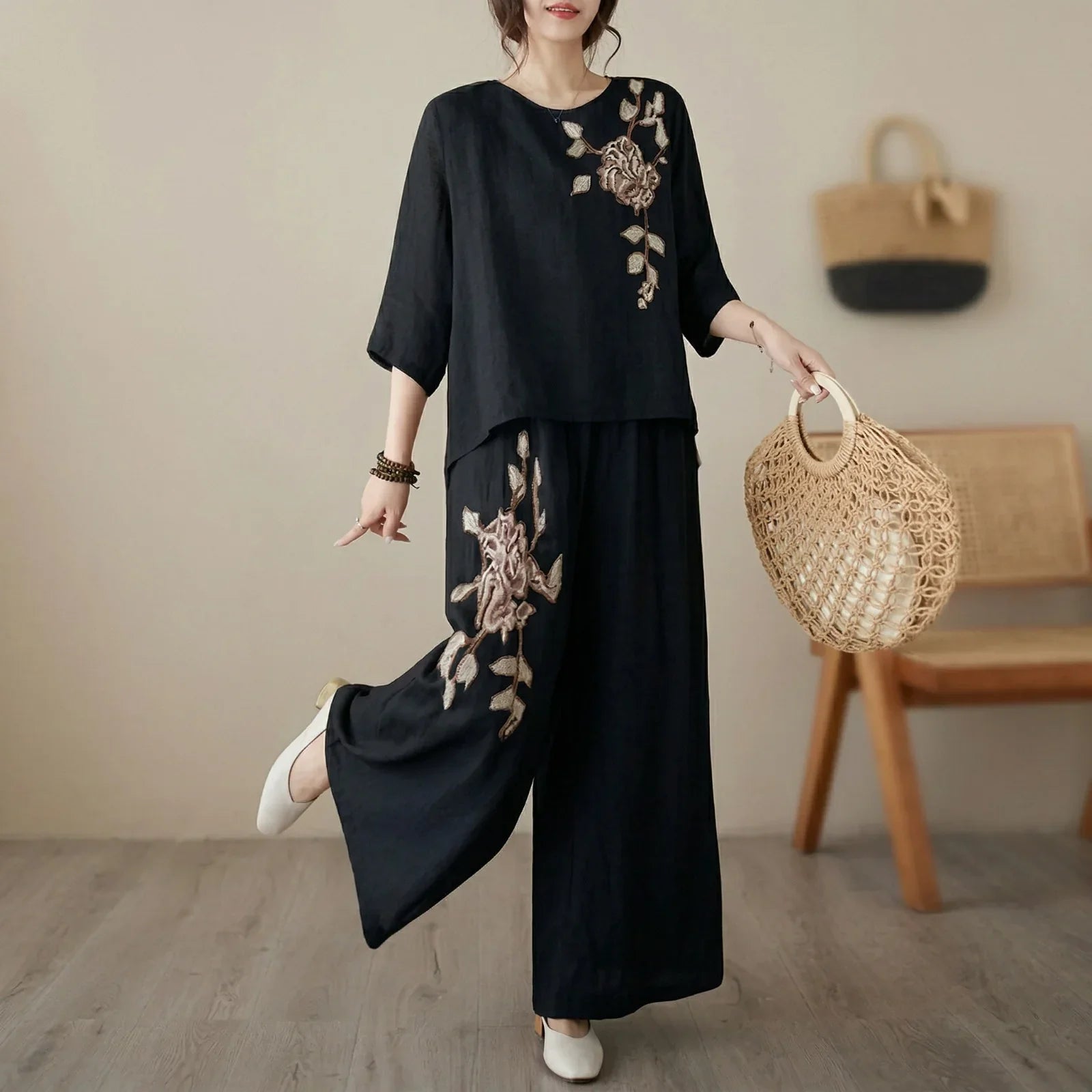 Nicole™ Cotton Linen Set with Delicate Floral Embroidery and Wide Leg Pants