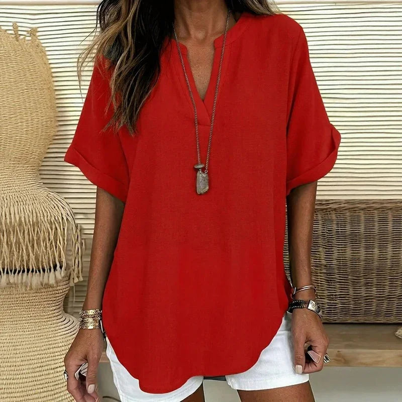 Maya™ Top with a Delicate Curved Hem and a V-Neck with Cutout