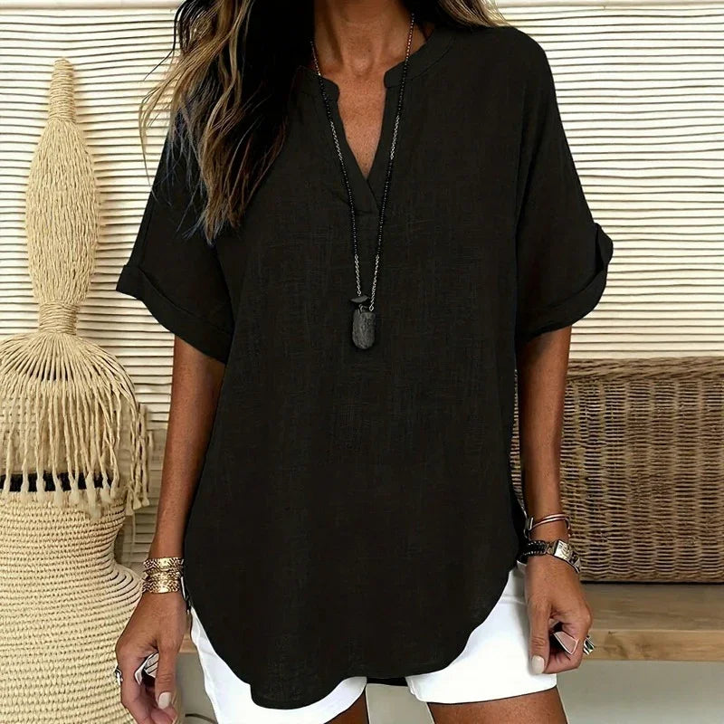 Maya™ Top with a Delicate Curved Hem and a V-Neck with Cutout
