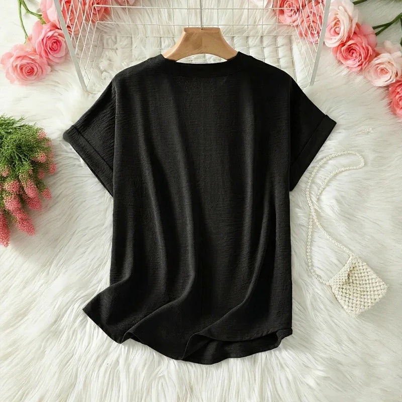 Maya™ Top with a Delicate Curved Hem and a V-Neck with Cutout