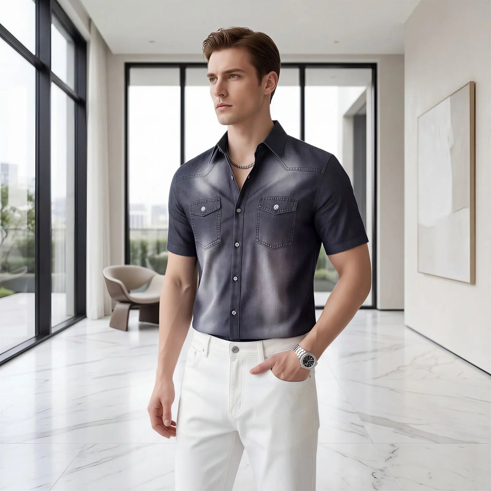 Vittorio™ Slim Fit Denim Shirt with Premium Faded Wash!!!!