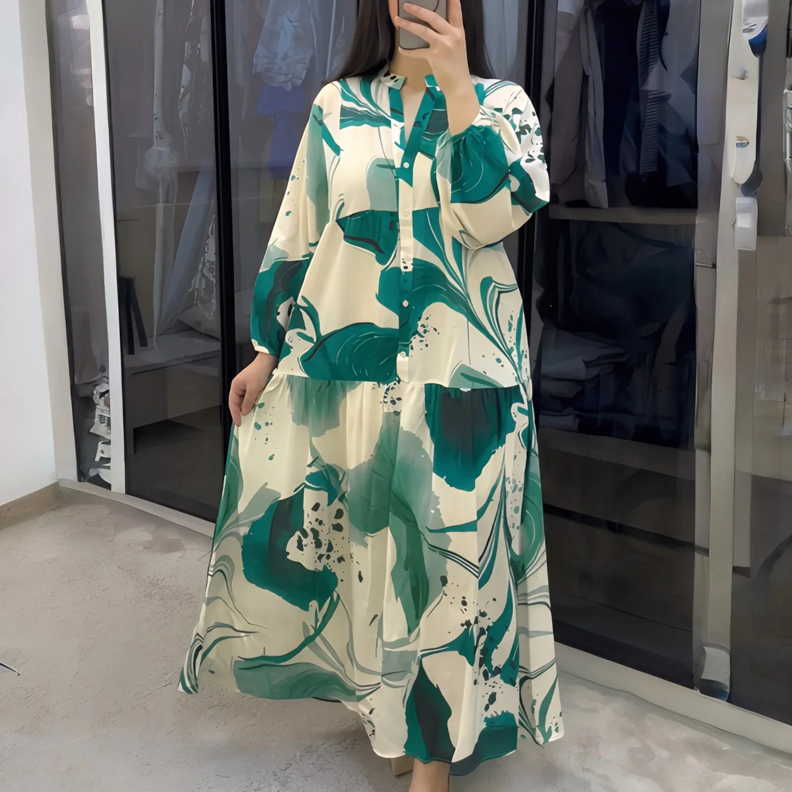 Marrakech™ Long Dress with Artistic Prints and Puff Sleeves