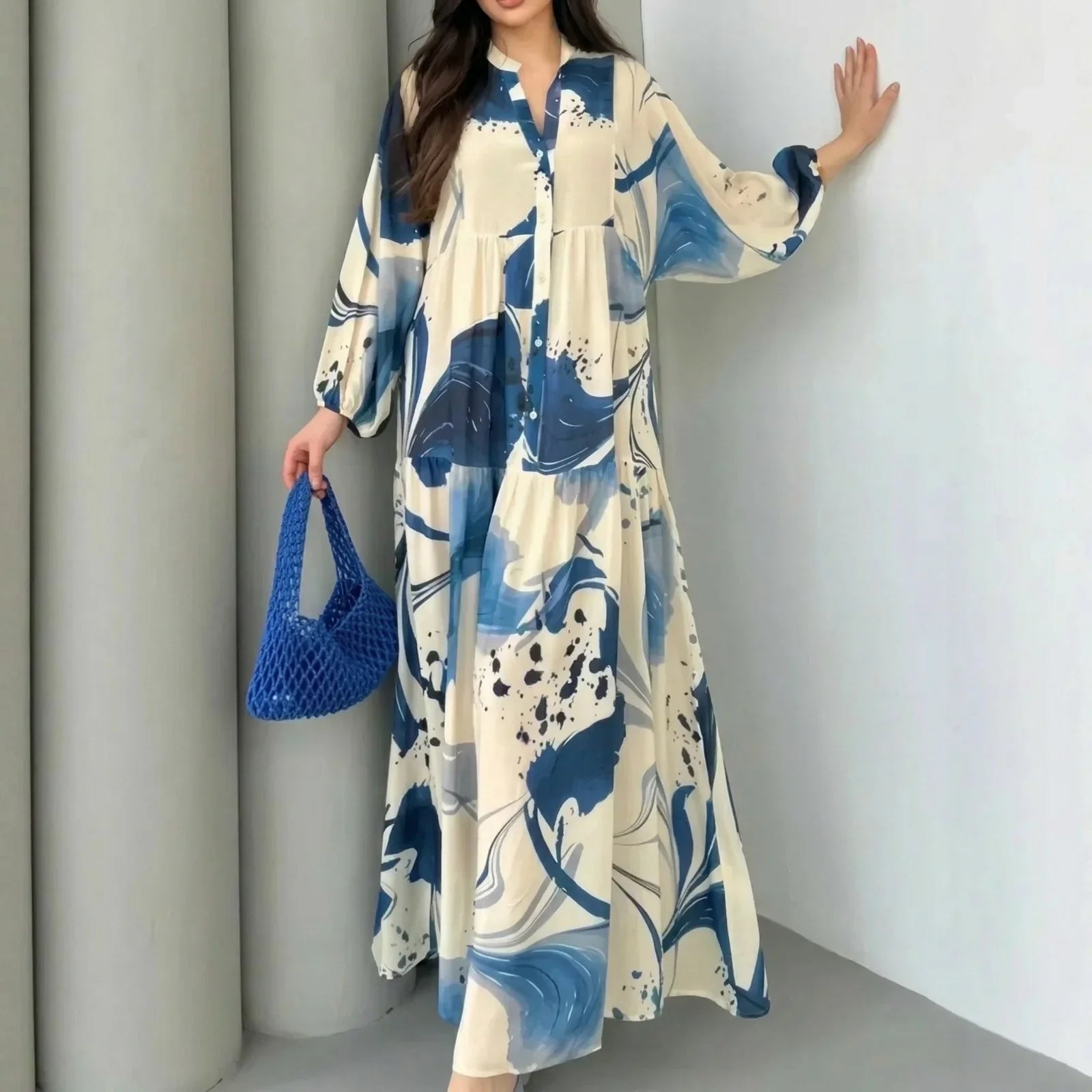 Marrakech™ Long Dress with Artistic Prints and Puff Sleeves