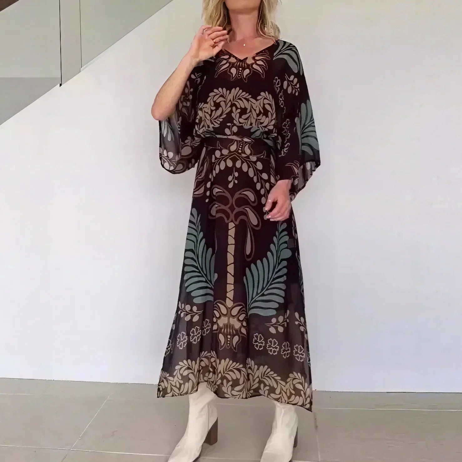 Orlena™ Kaftan Dress with Artistic Print and Adjustable Waistband