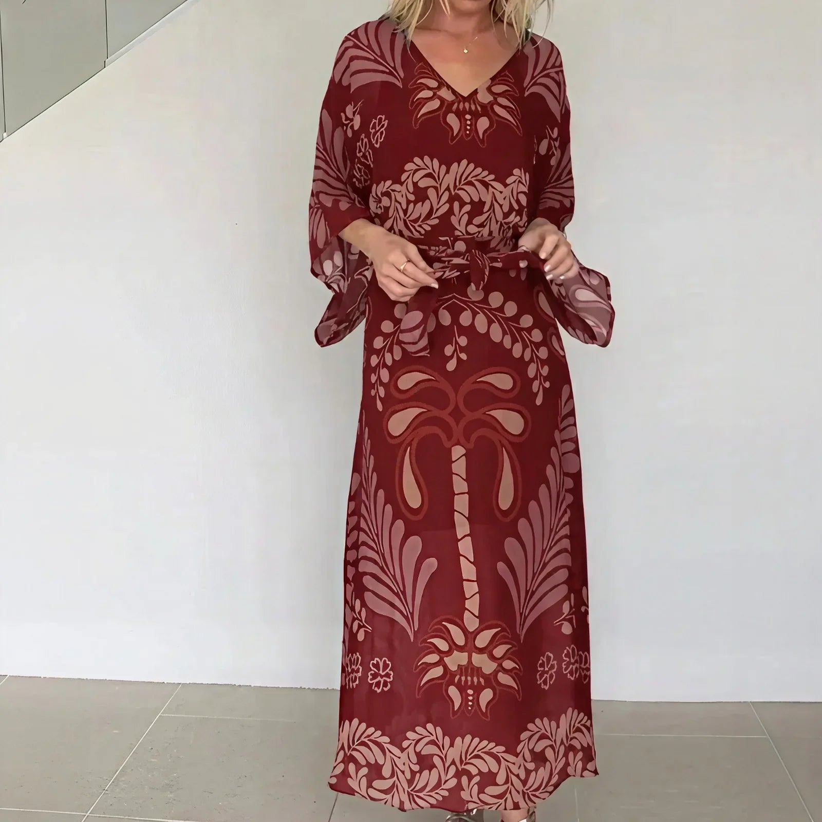Orlena™ Kaftan Dress with Artistic Print and Adjustable Waistband