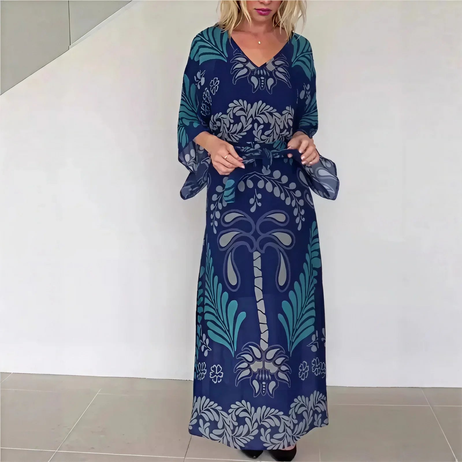 Orlena™ Kaftan Dress with Artistic Print and Adjustable Waistband