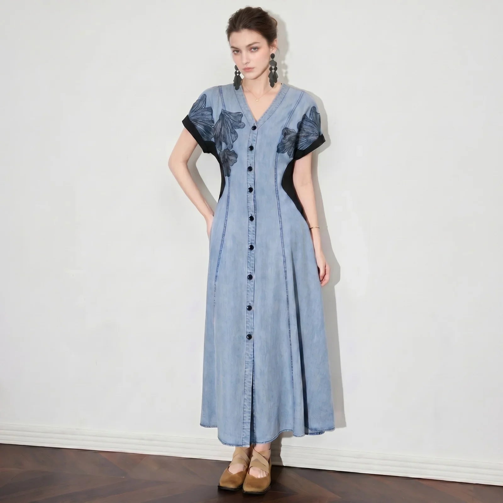 Dawn™ Denim Dress with Embroidery and Button Closure