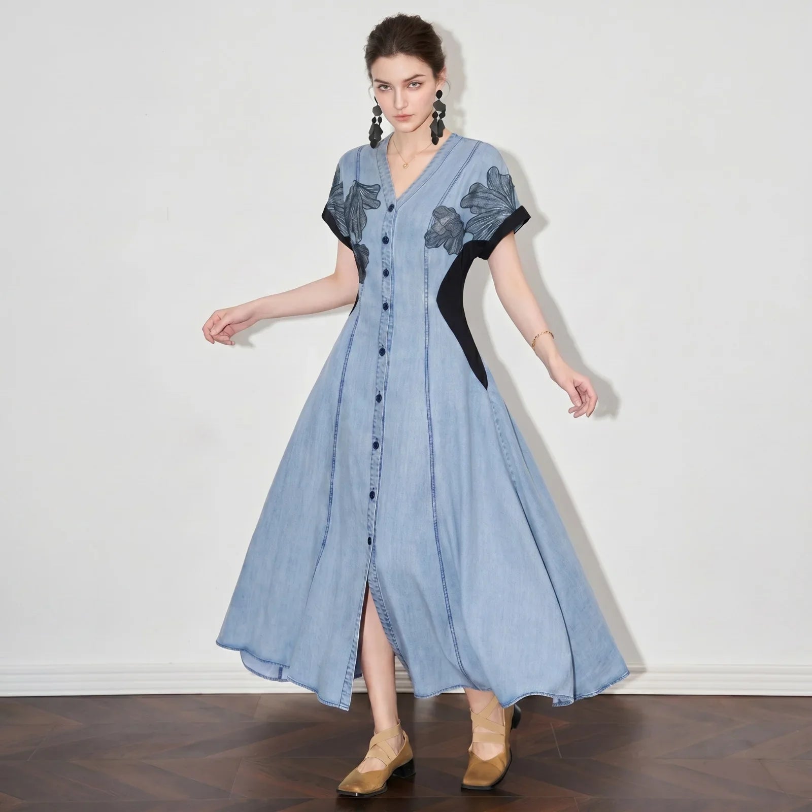 Dawn™ Denim Dress with Embroidery and Button Closure