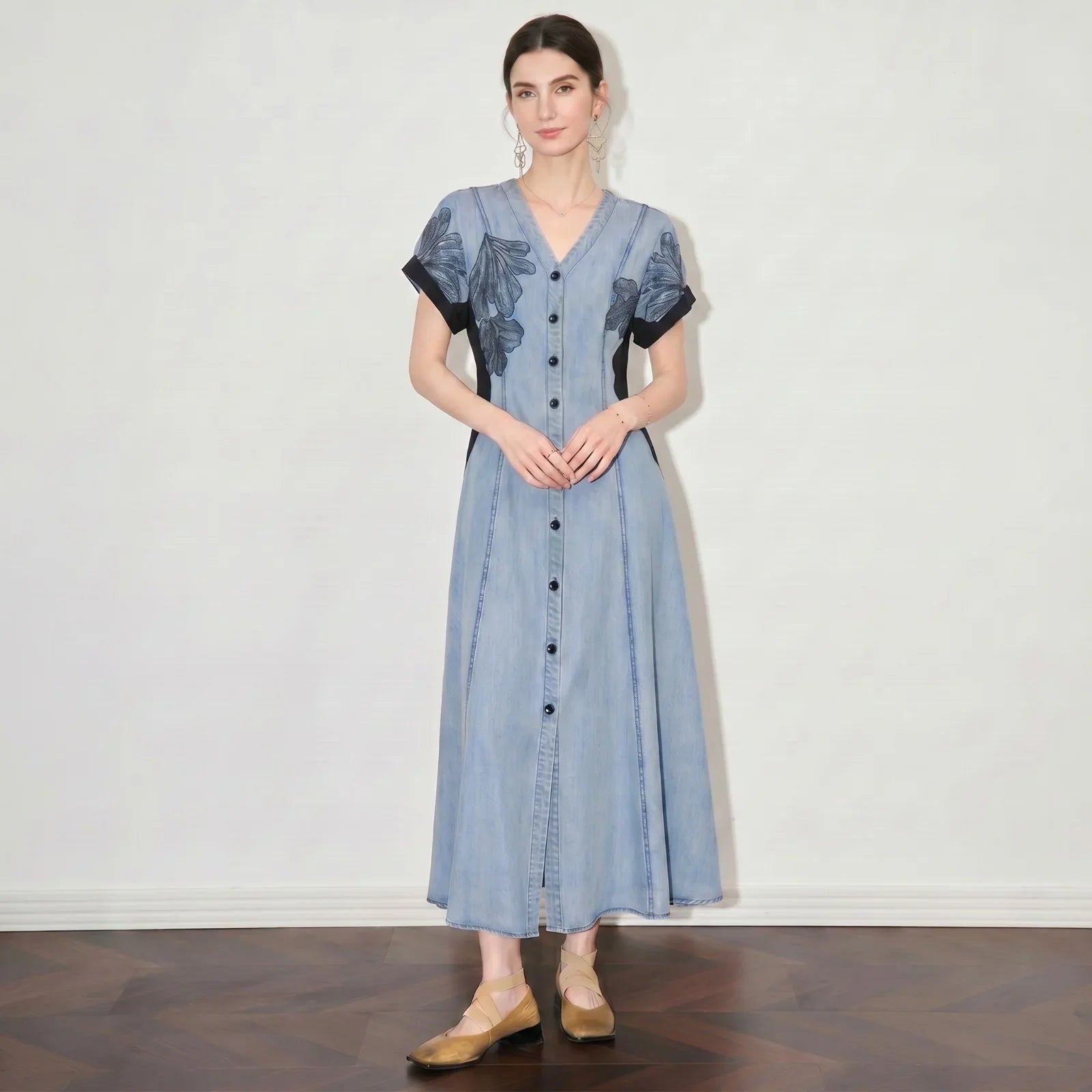 Dawn™ Denim Dress with Embroidery and Button Closure