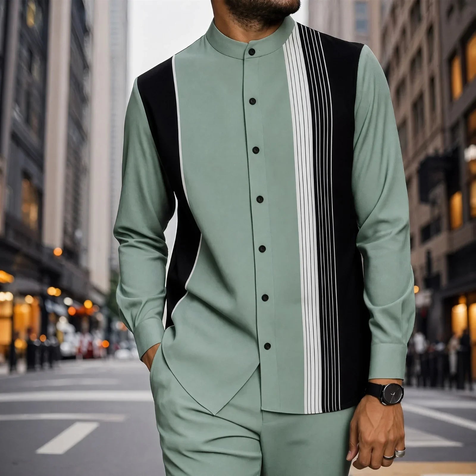Mumbai™ Set with Mandarin Collar and Modern Striped Detail