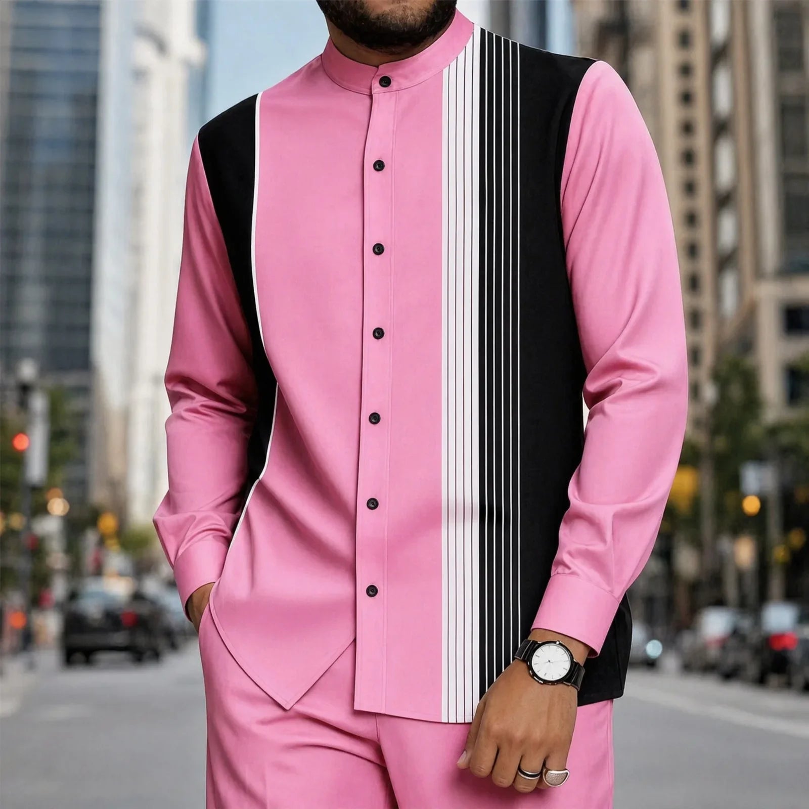 Mumbai™ Set with Mandarin Collar and Modern Striped Detail