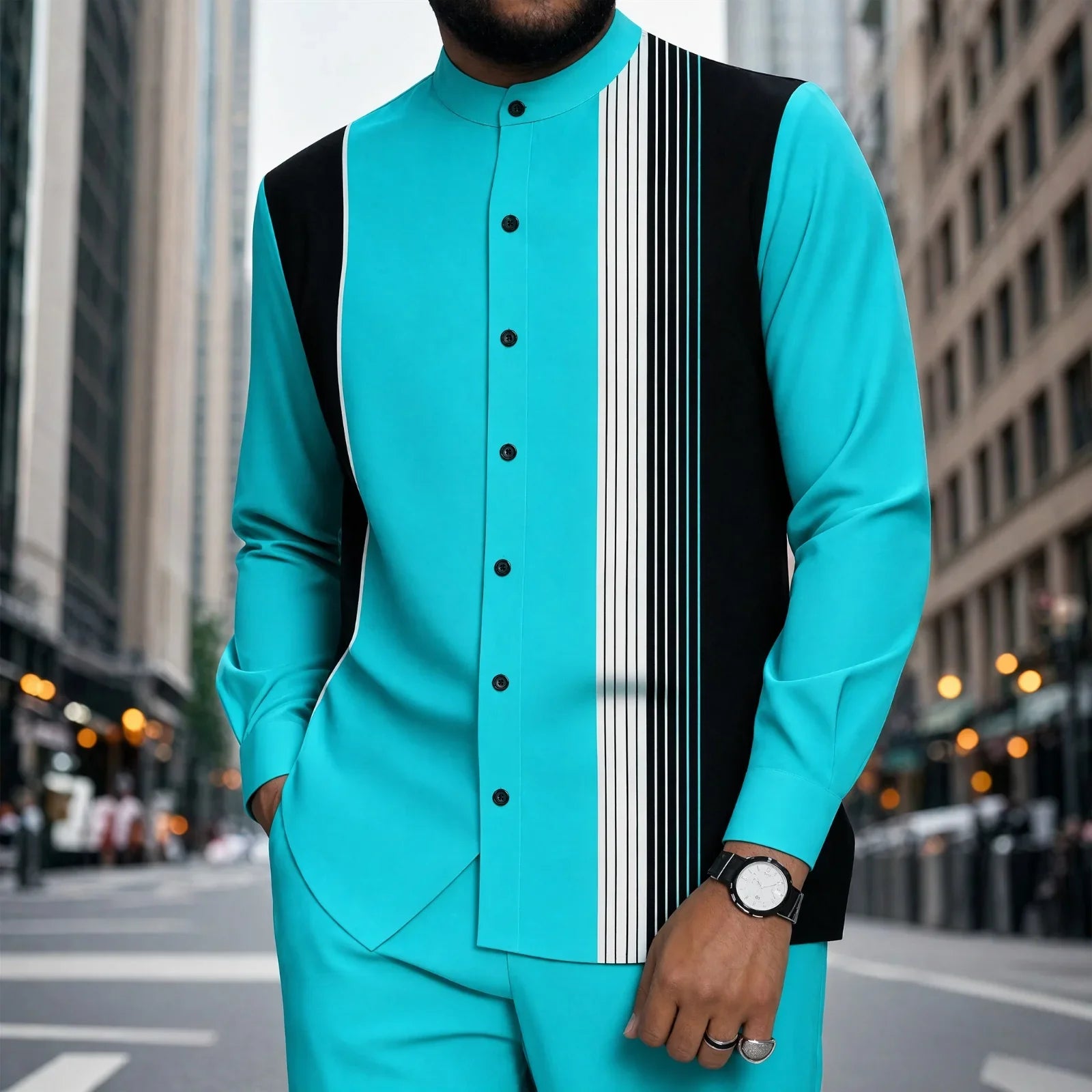 Mumbai™ Set with Mandarin Collar and Modern Striped Detail
