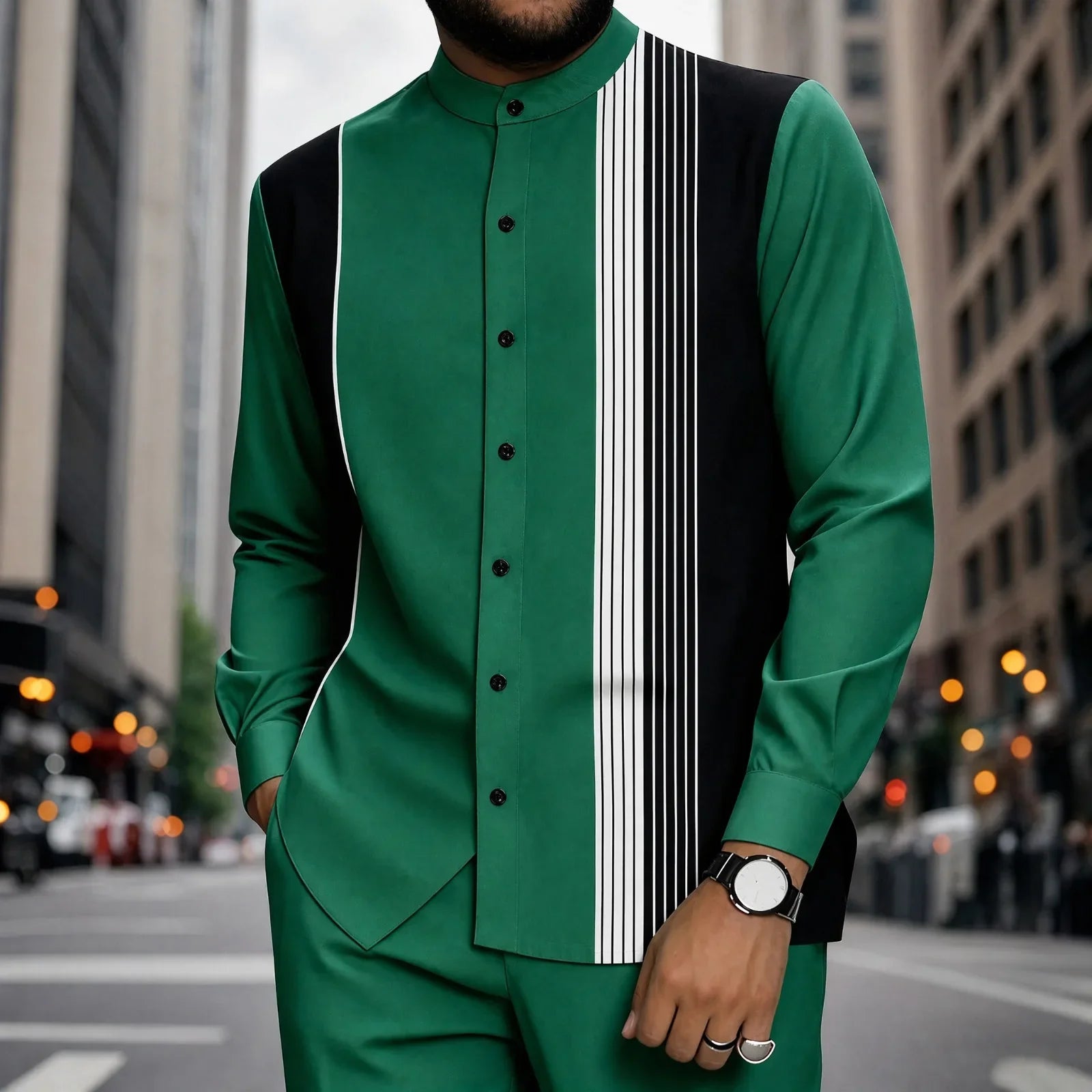 Mumbai™ Set with Mandarin Collar and Modern Striped Detail