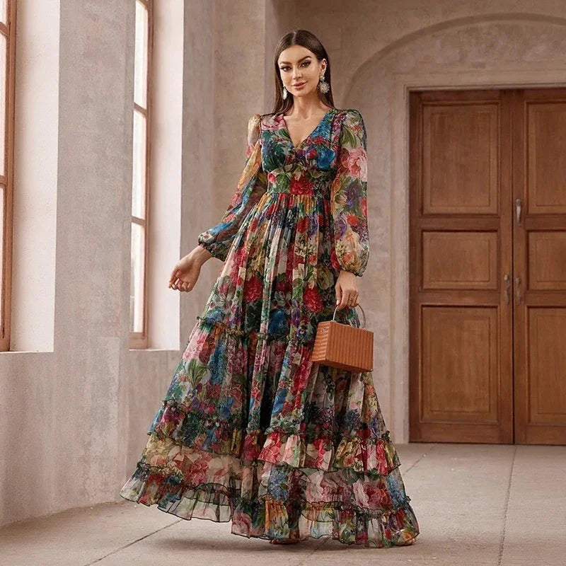 Orphélia™ Dress with Luxurious Artistic Print and Flowing Layers