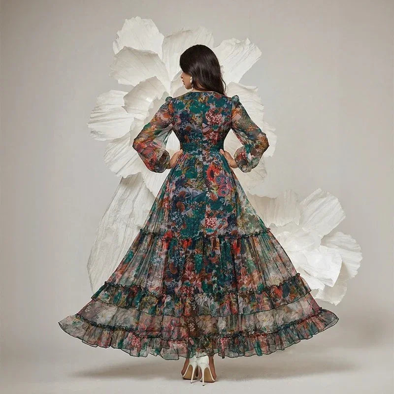 Orphélia™ Dress with Luxurious Artistic Print and Flowing Layers