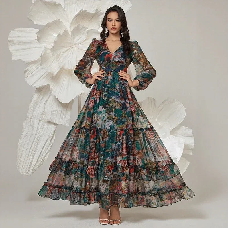 Orphélia™ Dress with Luxurious Artistic Print and Flowing Layers