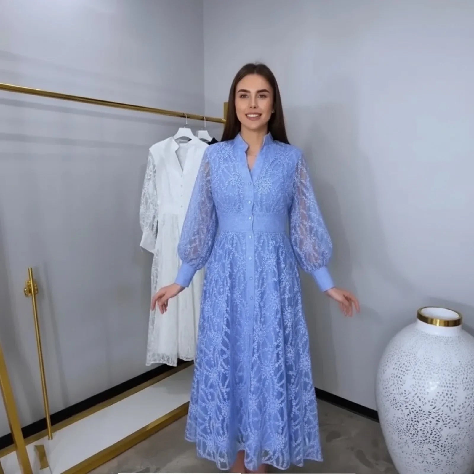 Imperial™ Lace Dress with Puff Sleeves