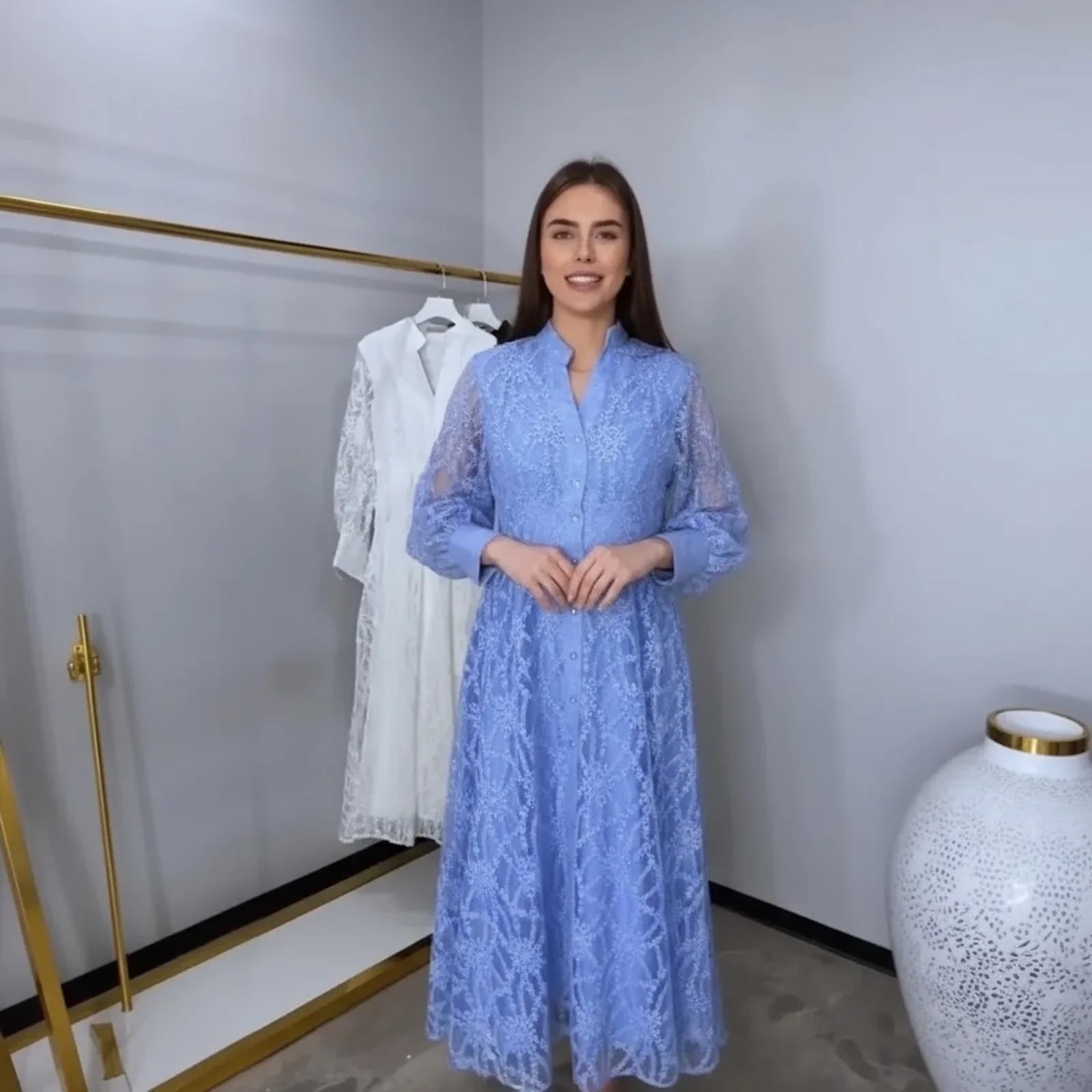 Imperial™ Lace Dress with Puff Sleeves