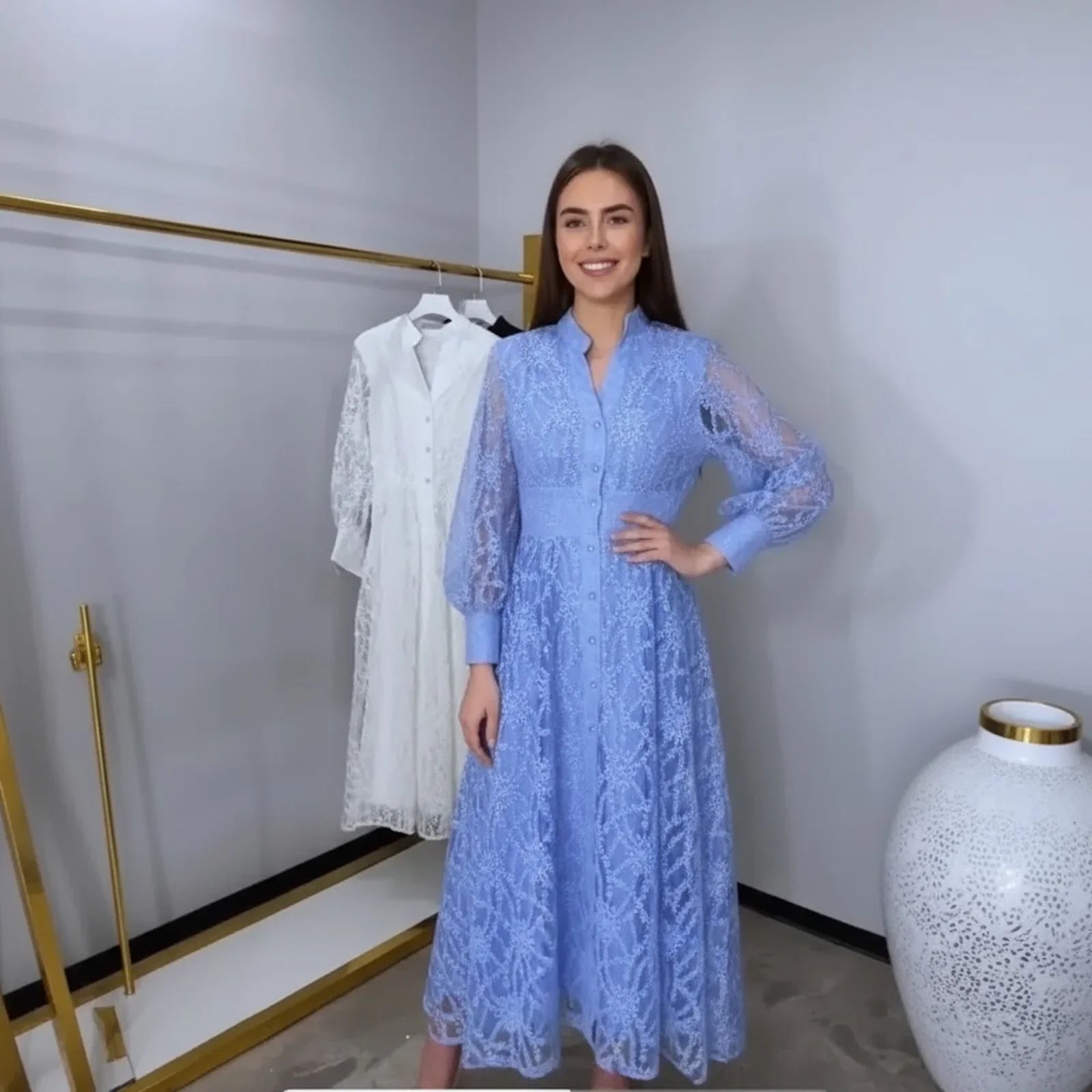 Imperial™ Lace Dress with Puff Sleeves