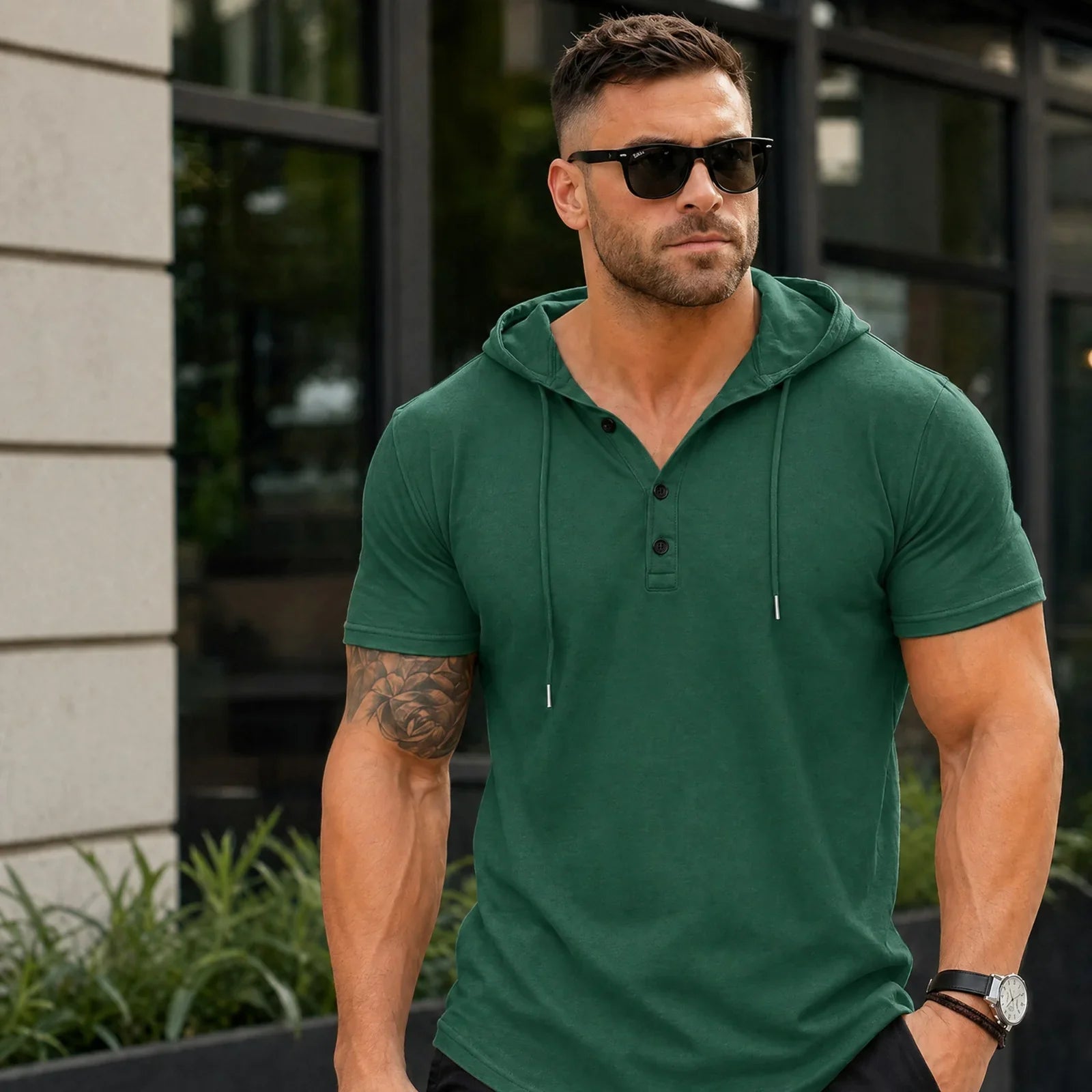Austin™ Hooded T-Shirt with Front Buttons