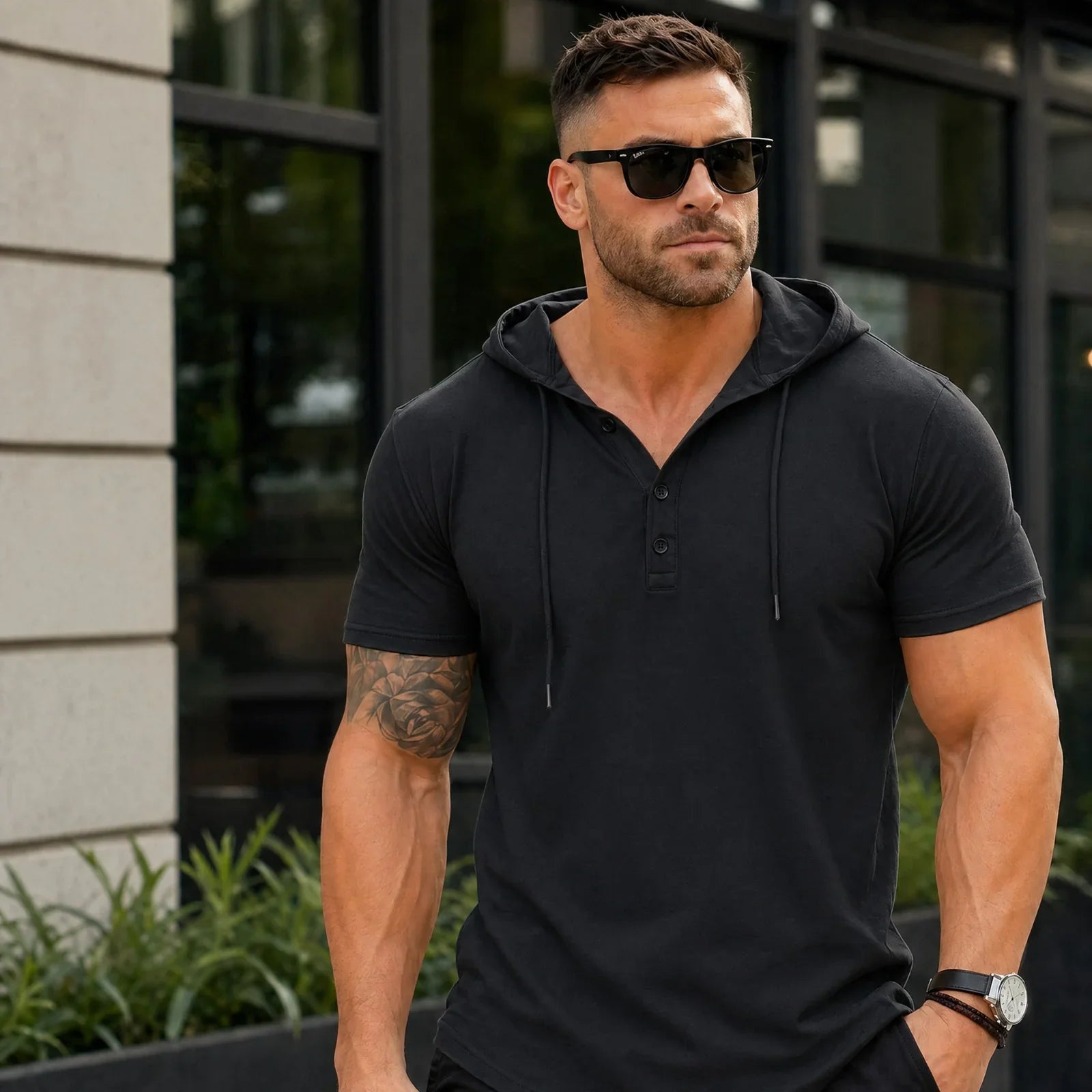 Austin™ Hooded T-Shirt with Front Buttons