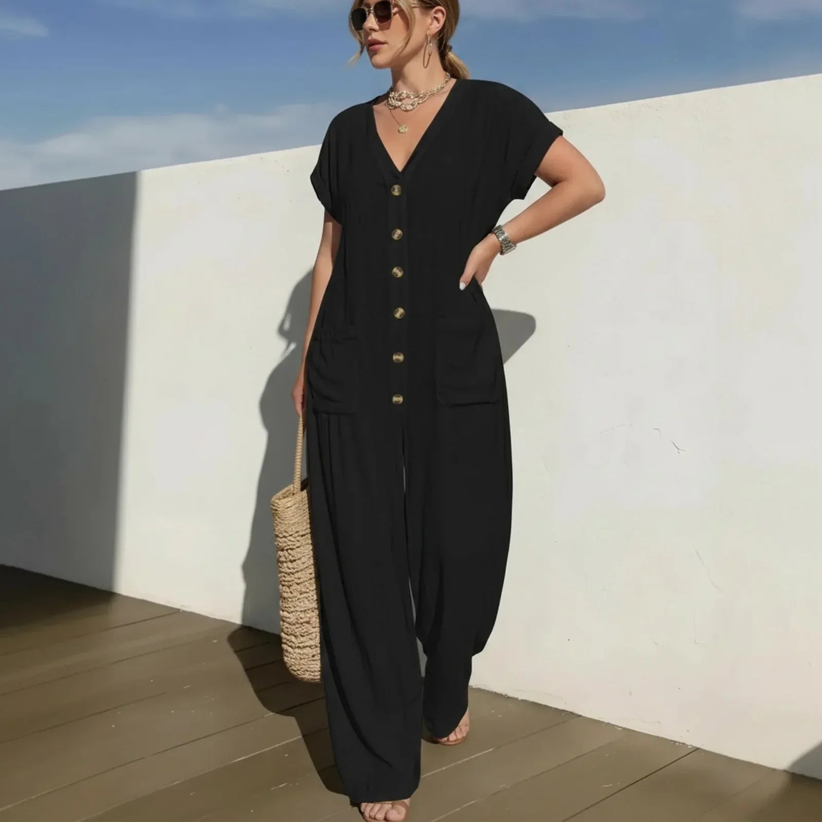 Cannes™ Jumpsuit with Front Buttons and V-Neckline
