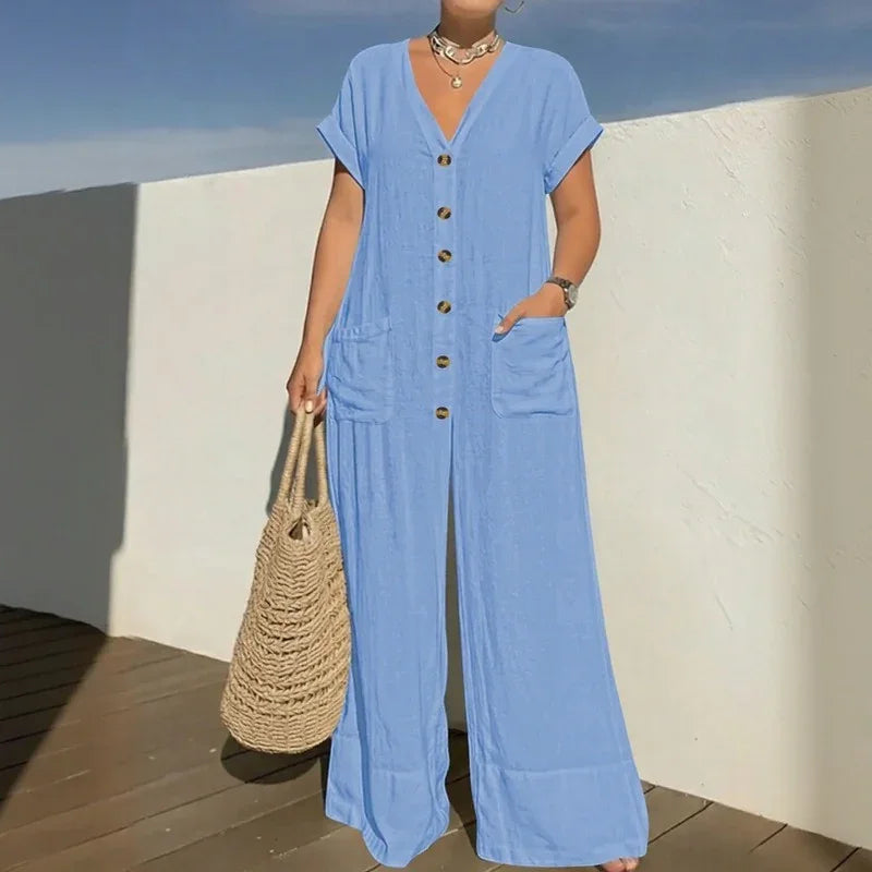 Cannes™ Jumpsuit with Front Buttons and V-Neckline