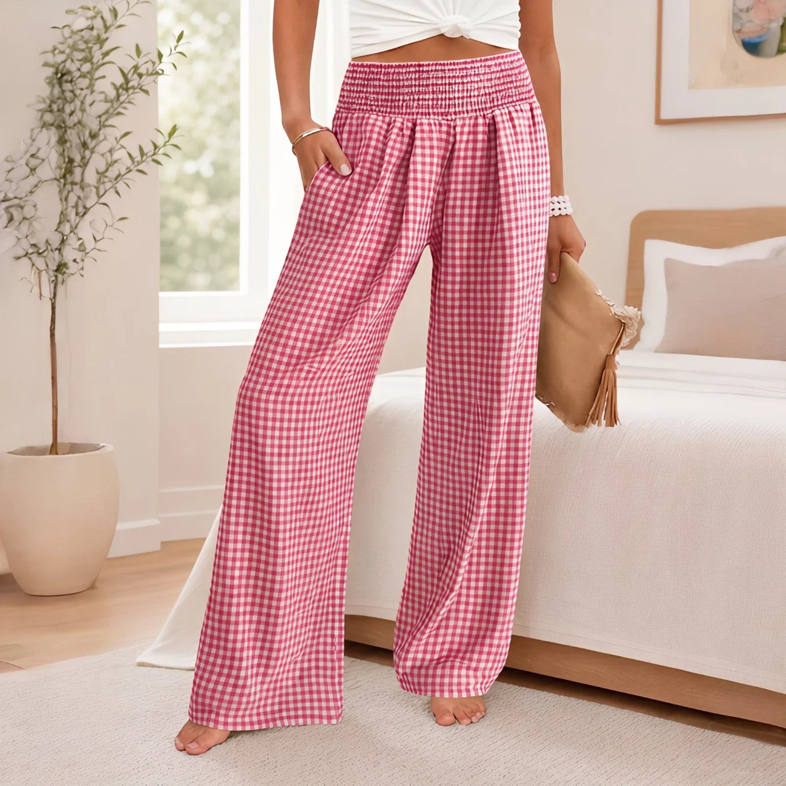 Summer™ Cotton Linen Trousers with Plaid Print