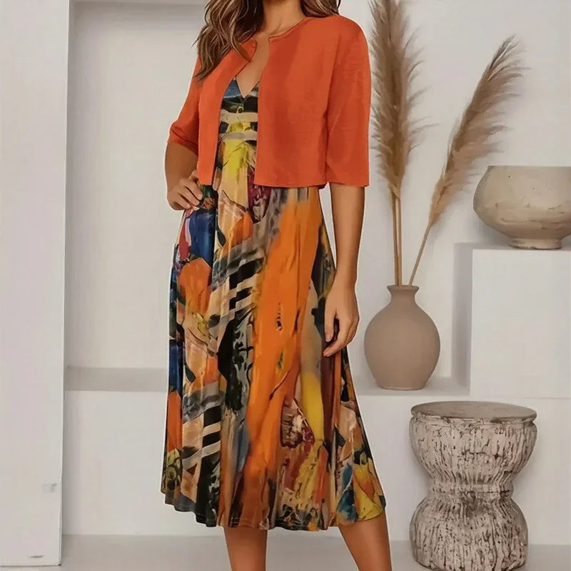 Rennes™ Artistic Print Set with Open Cropped Cardigan